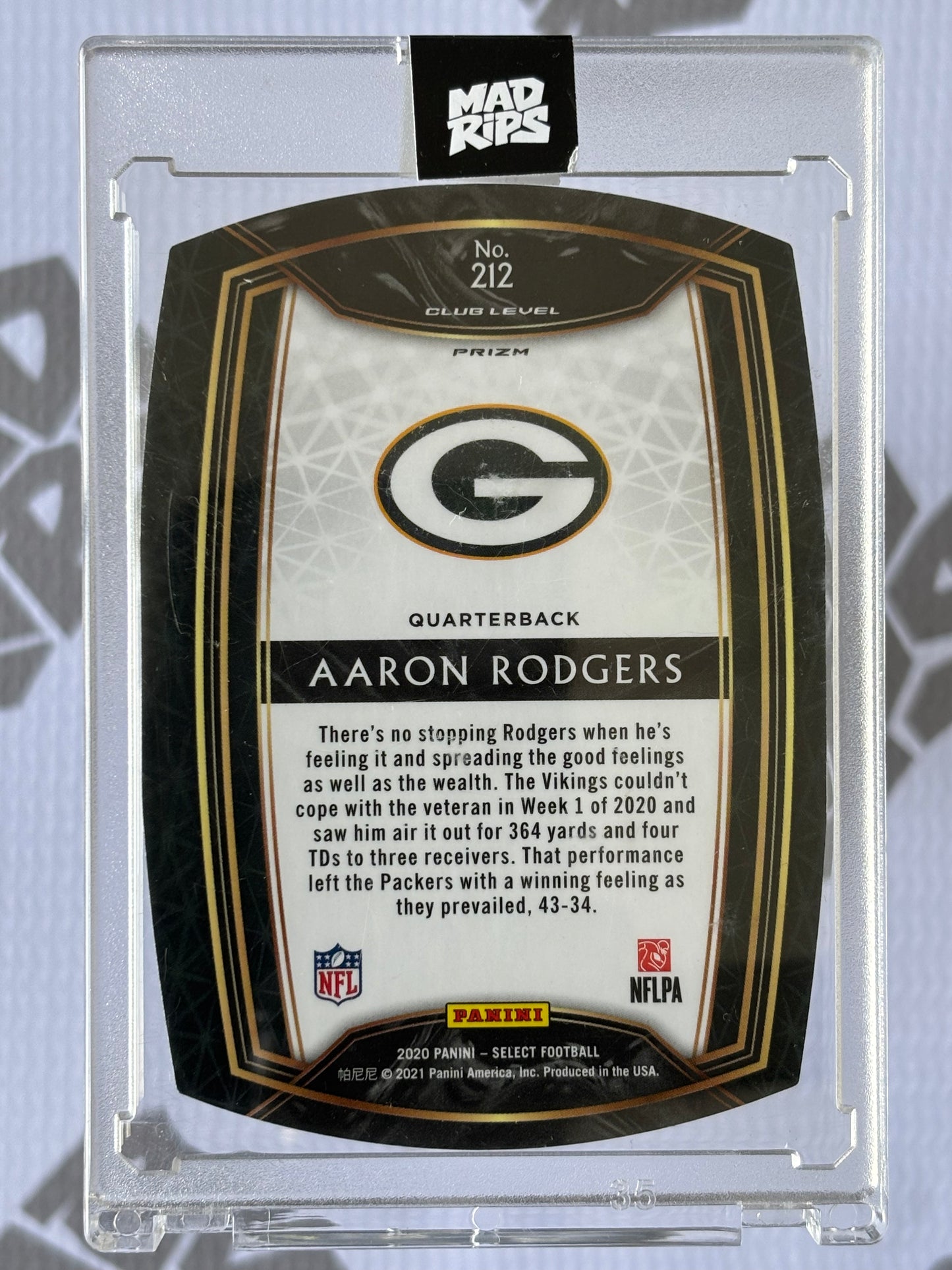 AARON RODGERS – 2020 PANINI SELECT CLUB LEVEL GREEN PRIZM