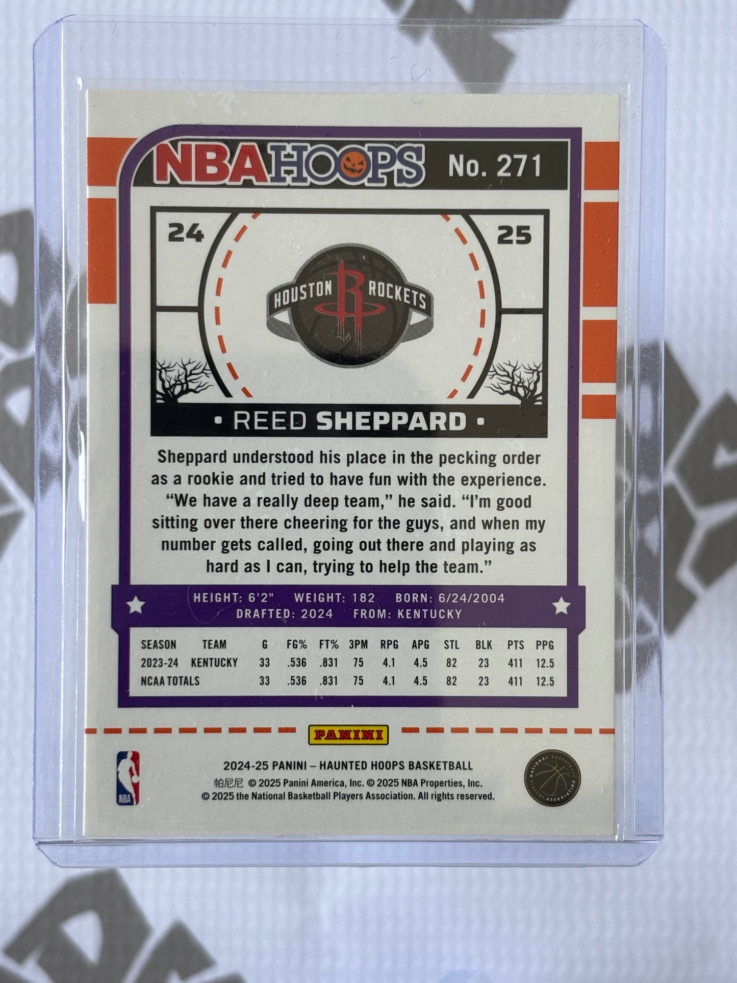 Reed Sheppard RC – 2024-25 Panini Haunted Hoops Orange Pumpkins (Houston Rockets)