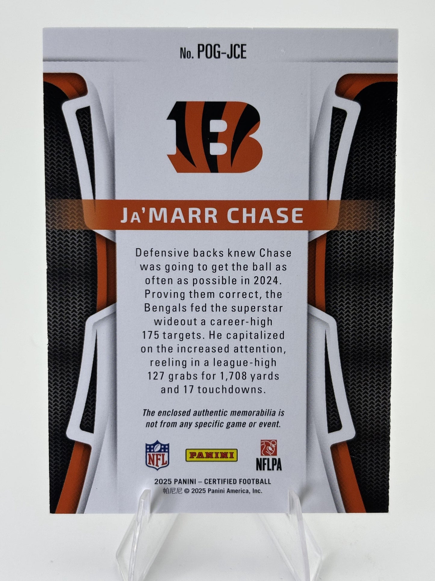 2025 Panini Certified #POG-JCE Ja'Marr Chase Piece of the Game #/299