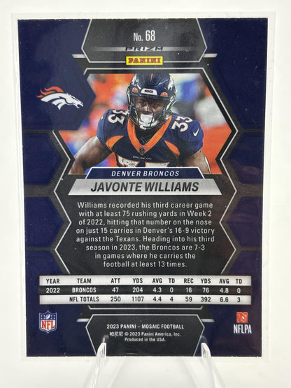 2023 Panini Mosaic #68 Javonte Williams Reactive Yellow Mosaic