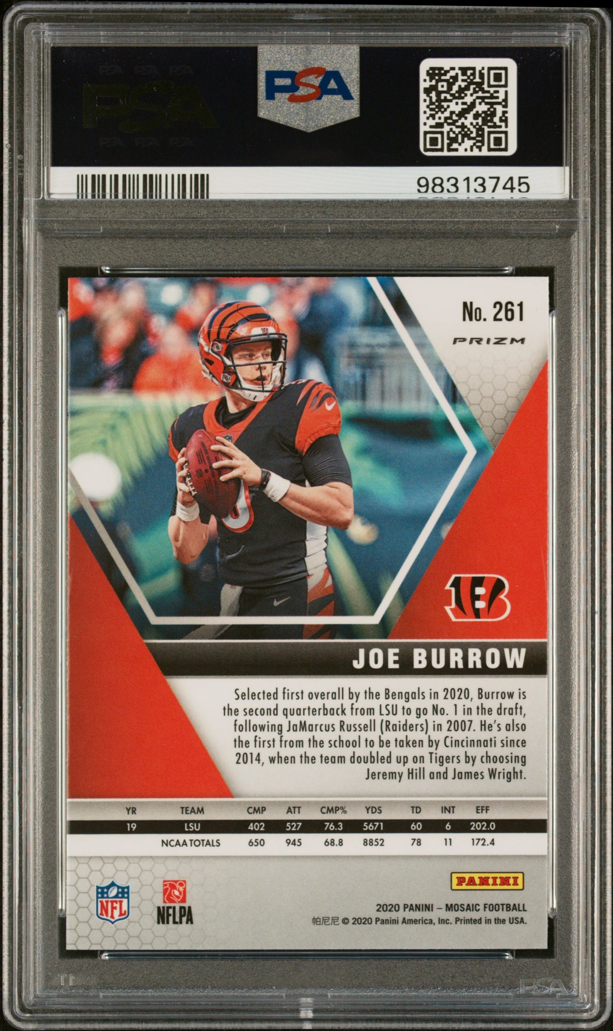 2020 Panini Mosaic #261 Joe Burrow Reactive Gold PSA 8