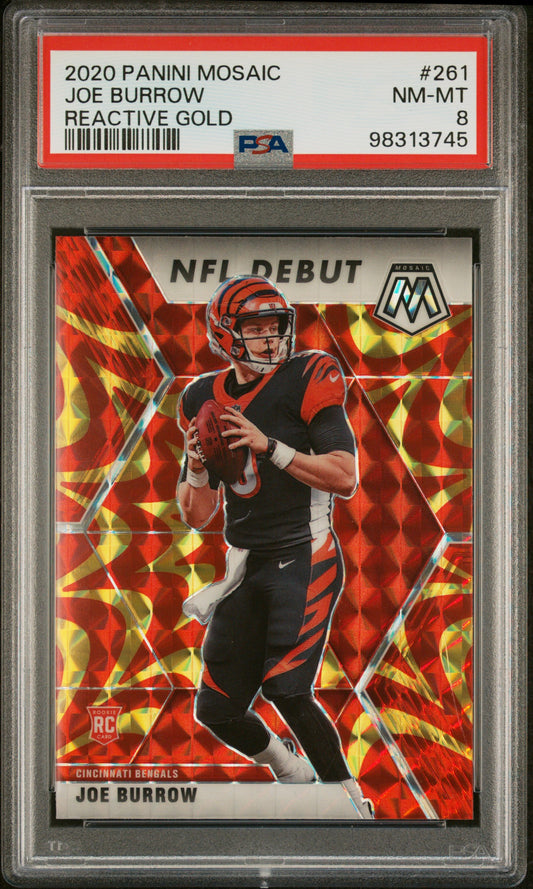2020 Panini Mosaic #261 Joe Burrow Reactive Gold PSA 8