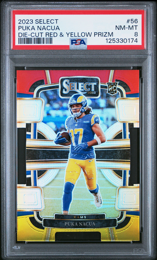 2023 Panini Select #56 Puka Nacua Die-Cut Red & Yellow Prizm PSA 8