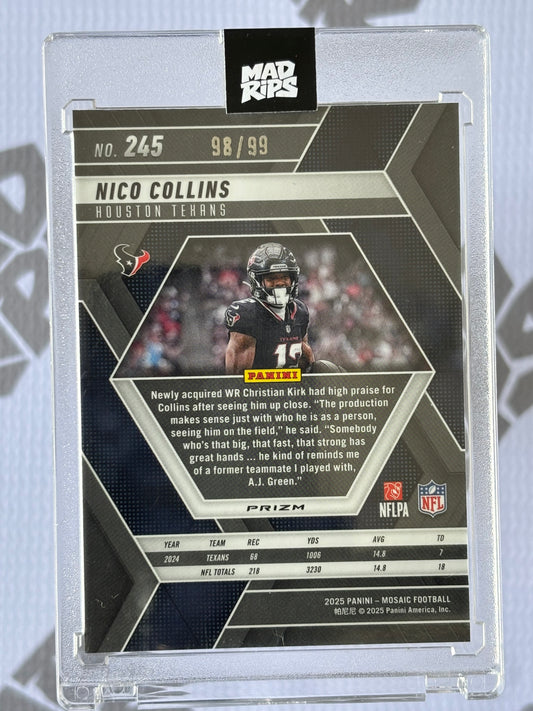 Nico Collins – Blue Mosaic Disco No Huddle Parallel /99 | 2025 Panini Mosaic Football (Houston Texans)